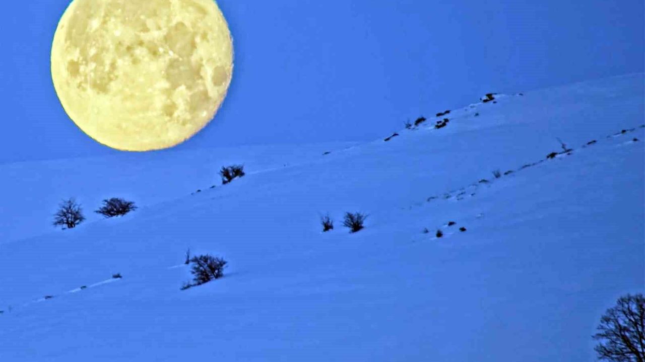 Bitlis'te karlı dağlarla bütünleşen ay manzarası mest etti