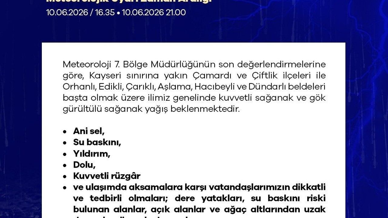 Niğde için kuvvetli yağış uyarısı