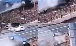 Otomobilin drenaj kanalına uçtuğu anlar görüntülendi