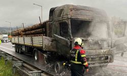 Tomruk yüklü tır alev topuna döndü