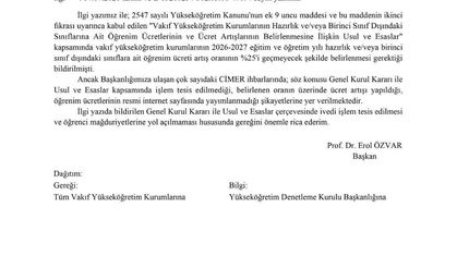 YÖK'ten öğrenim ücreti artışına ilişkin vakıf üniversitelerine uyarı yazısı