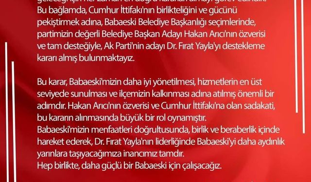 MHP Babaeski’de adayını geri çekti, AK Parti’yi destekleyecek