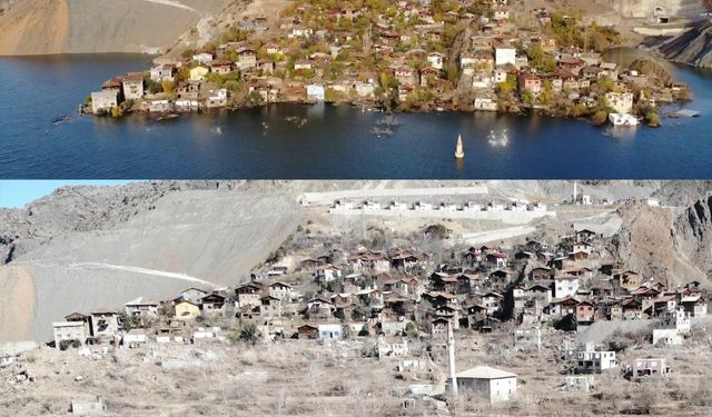 Yusufeli Barajı’nın yapılması ile sular altında kalan köy baraj suları çekilince yeniden ortaya çıktı