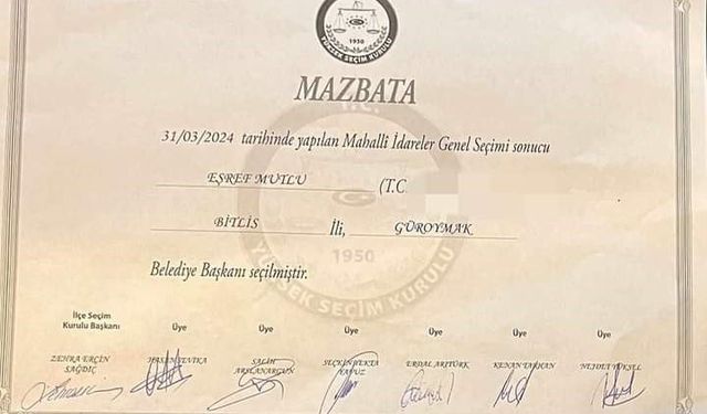 Güroymak Belediye Başkanı seçilen Eşref Mutlu mazbatasını aldı