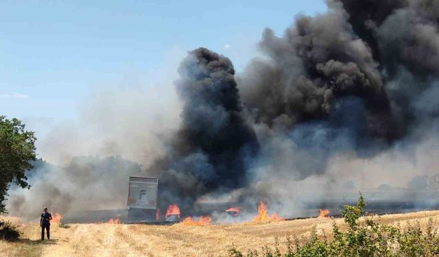 Buğday tarlasındaki kamyon alev aldı