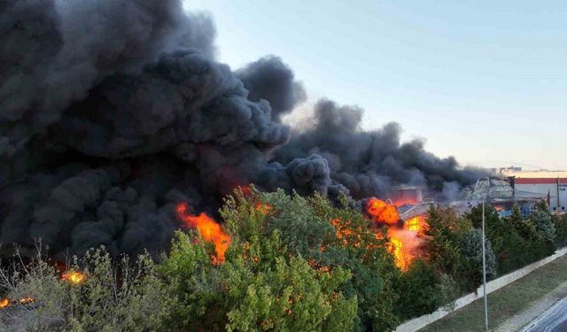 Tekirdağ’da alev alev yanan fabrika havadan görüntülendi