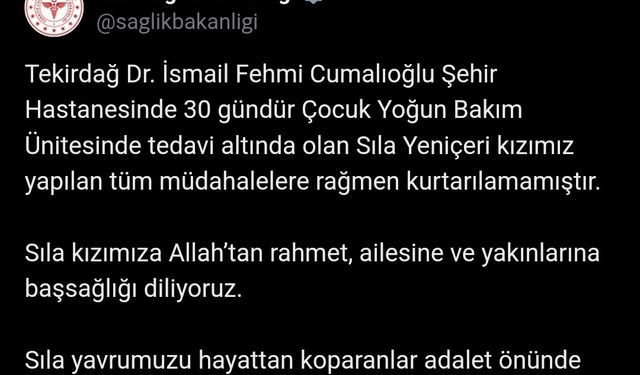 Sağlık Bakanlığı: "Sıla yavrumuzu hayattan koparanlar adalet önünde mutlaka hesap verecektir"