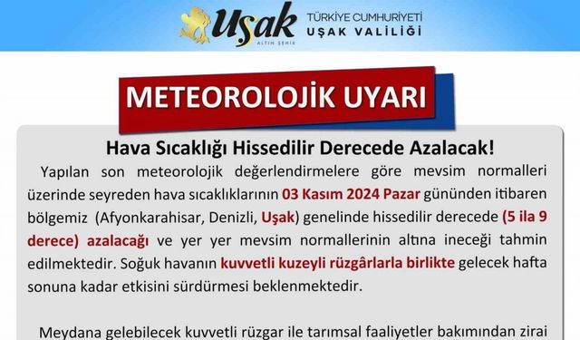 Uşak Valiliği uyardı, hava sıcaklıkları düşüyor