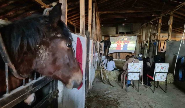 Çocukların at çiftliğinde saman balyaları üstünde sinema keyfi