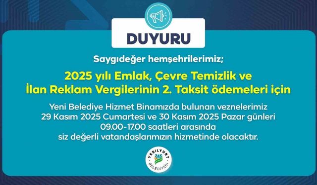 Yeşilyurt Belediye vezneleri, hafta sonu hizmet verecek