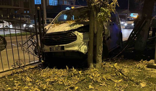 Kontrolden çıkan minibüs, refüjdeki ağaca çarparak durabildi