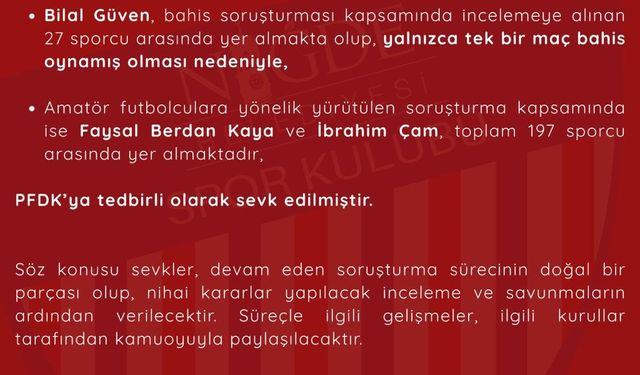 Niğde Belediyespor'dan futbolcularla ilgili bahis soruşturmasına ilişkin açıklama
