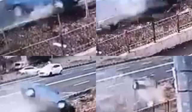 Otomobilin drenaj kanalına uçtuğu anlar görüntülendi