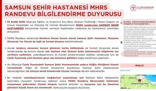 Samsun Şehir Hastanesi randevularında 'hizmet binası karışıklığı'na dikkat