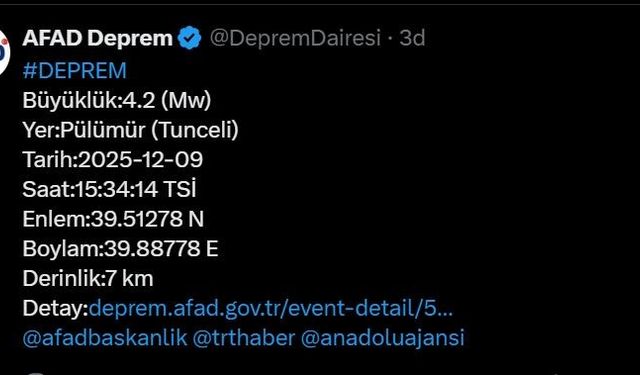 Tunceli'de 4.2 büyüklüğünde deprem