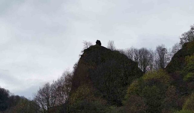 Yamaçtaki ilginç kaya dikkat çekiyor