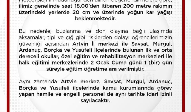 Artvin'de eğitime 1 gün ara verildi