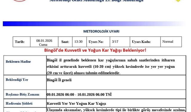 Bingöl için kuvvetli ve yoğun kar uyarısı
