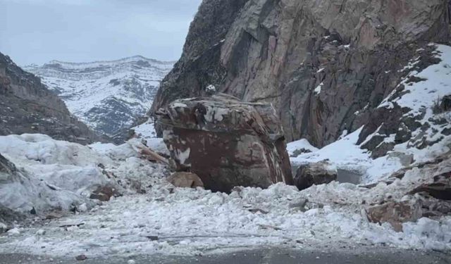 Dağdan kopan dev kaya yolu ulaşıma kapattı