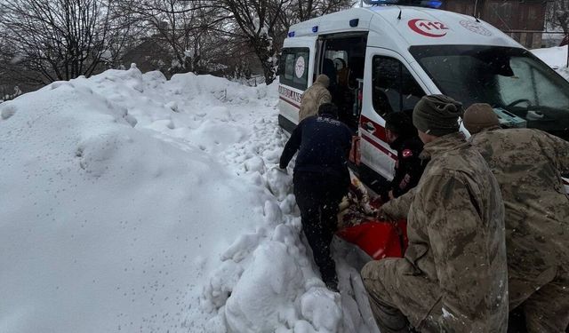 Kar ve tipiden yolu kapanan köydeki hasta kadın hastaneye ulaştırıldı