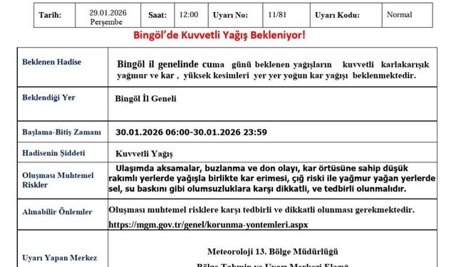 Meteorolojiden Bingöl için kuvvetli yağış uyarısı