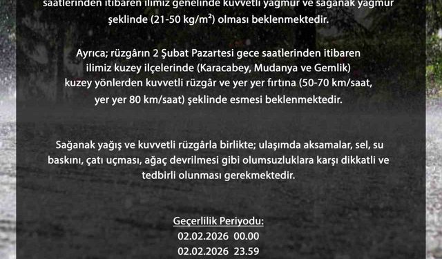 Bursa genelinde kuvvetli sağanak bekleniyor