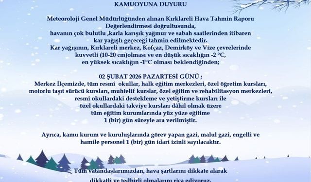 Kırklareli merkez, Kofçaz, Demirköy ve Vize'de eğitime 1 gün ara verildi