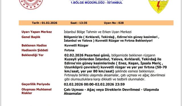 Kırklareli, Tekirdağ ve Edirne için sarı kodlu uyarı