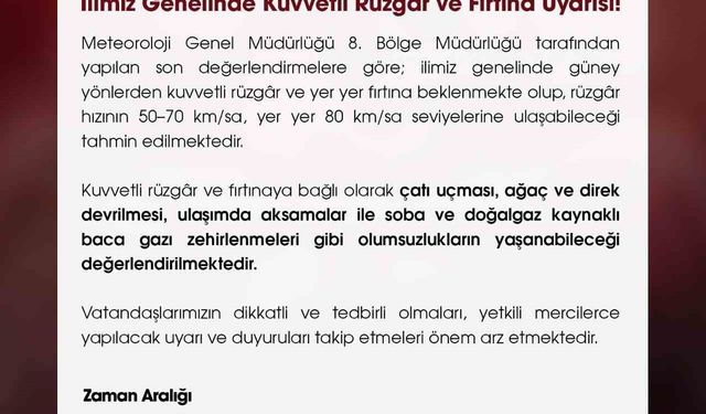 Niğde Valiliği'nden kuvvetli rüzgar uyarısı
