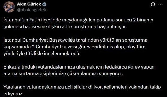 Bakan Gürlek: '2 binanın çökmesi hadisesine ilişkin adli soruşturma başlatılmıştır'