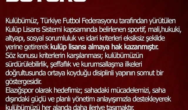 Elazığspor, kulüp lisansı almaya hak kazandı