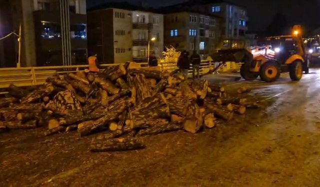 Kamyondan kara yoluna dökülen odunlar kaldırıldı