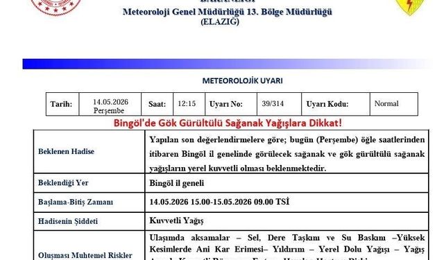 Bingöl için sağanak yağış uyarısı
