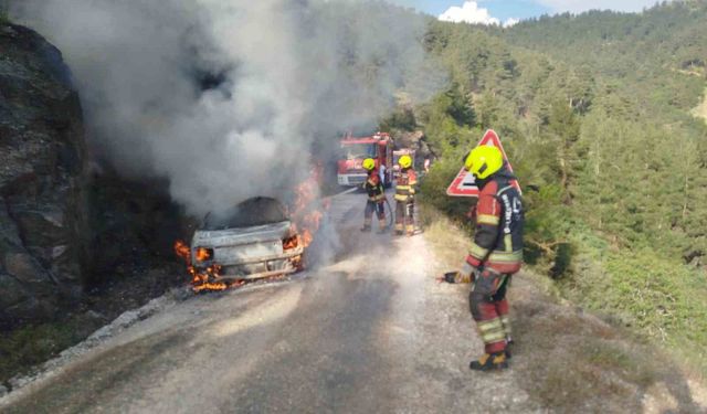 Dursunbey'de araç yangını ormana sıçradı