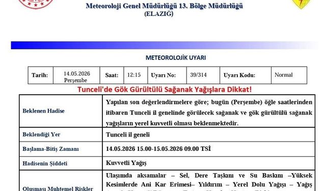 Tunceli için sağanak yağış uyarısı