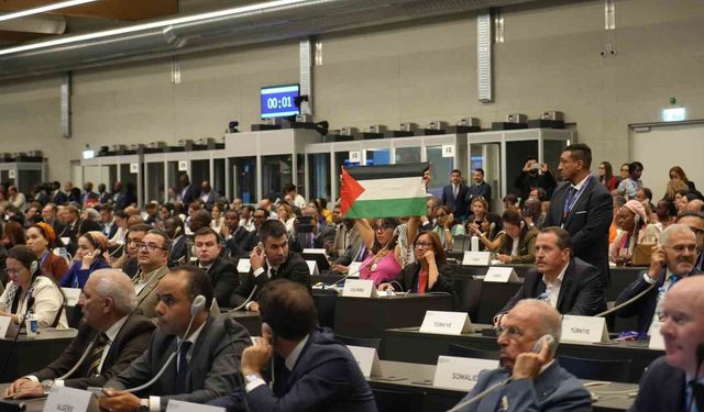 ILO Konferansı'nda Filistin'in ILO'ya geçici üyeliğinin iptalini isteyen İsrailli diplomata protesto