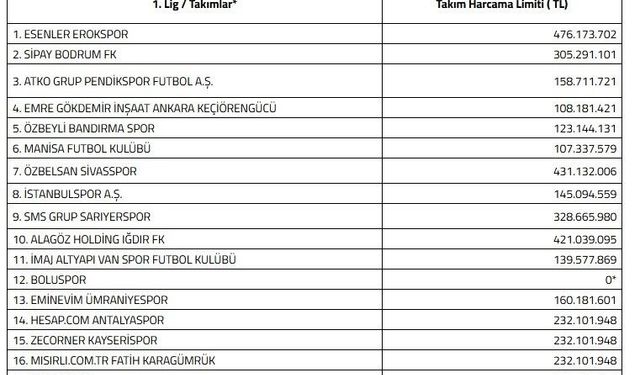 Kayserispor'a 232 milyon TL limit