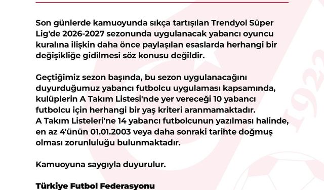 TFF, yeni sezonda yabancı kuralında değişiklik yapılmayacağını açıkladı