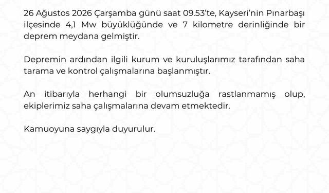 Kayseri Valiliği: 'Depremde olumsuzluğa rastlanmadı'