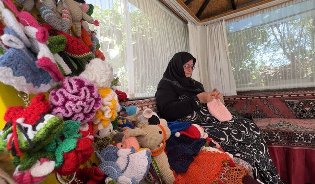 60 yıllık örgü tutkusuyla hem ağaçları süslüyor hem sokak hayvanlarına destek oluyor