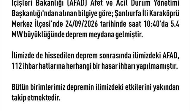 Elazığ Valiliği: 'Herhangi bir hasar ihbarı yapılmamıştır'