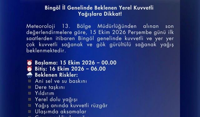 Bingöl için kuvvetli yağış uyarısı