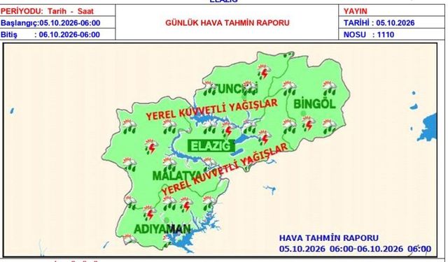Elazığ için kuvvetli yağış uyarısı