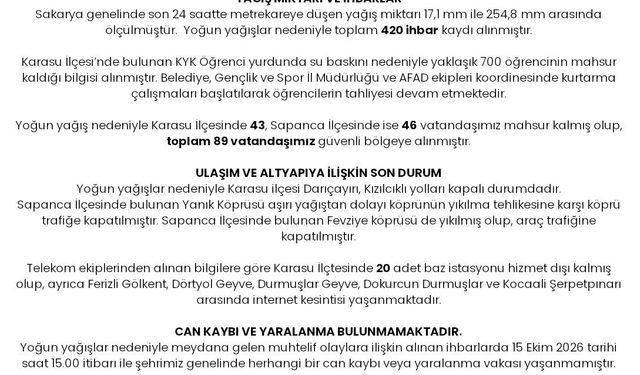 Sakarya Valiliği, kuvvetli yağışın ilk bilançosunu açıkladı