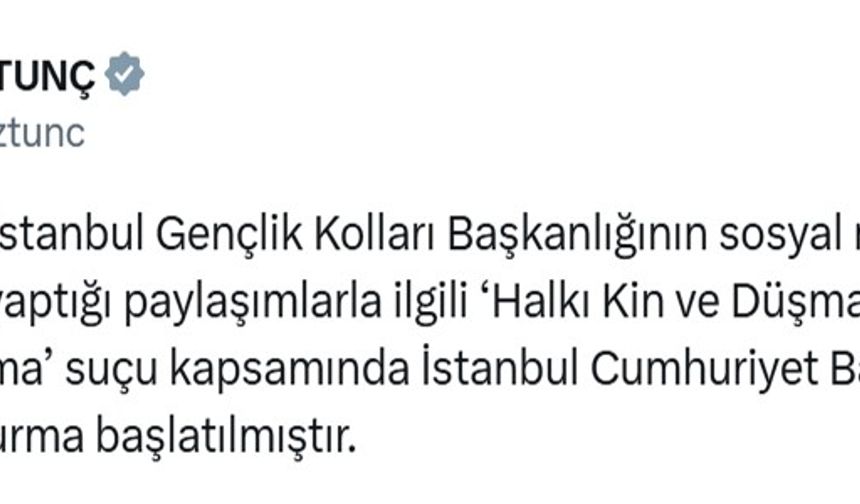 Bakan Tunç, Zafer Partisi İstanbul Gençlik Kolları Başkanlığı’nın yaptığı paylaşımlarla ilgili soruşturma başlatıldığını duyurdu