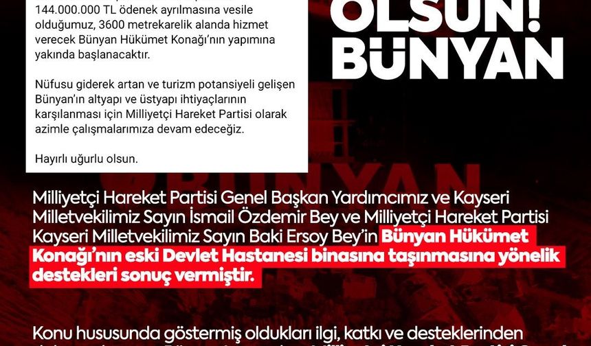 MHP’li Özdemir’den Bünyan’a hükümet konağı müjdesi