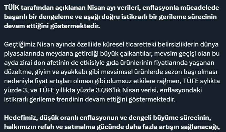 Ticaret Bakanı Bolat: "Nisan verileri, enflasyondaki gerileme trendinin devam ettiğini göstermektedir"
