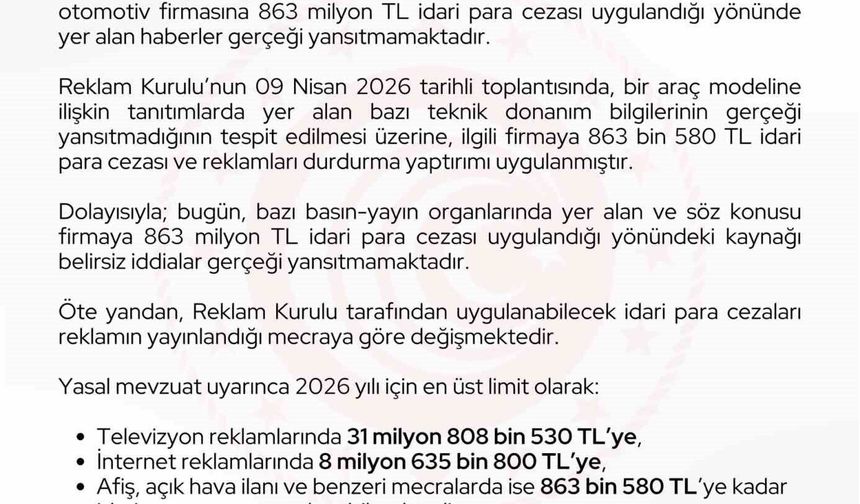 Ticaret Bakanlığı: 'Bir otomotiv firmasına 863 milyon lira ceza uygulandığı haberleri gerçeği yansıtmamaktadır'