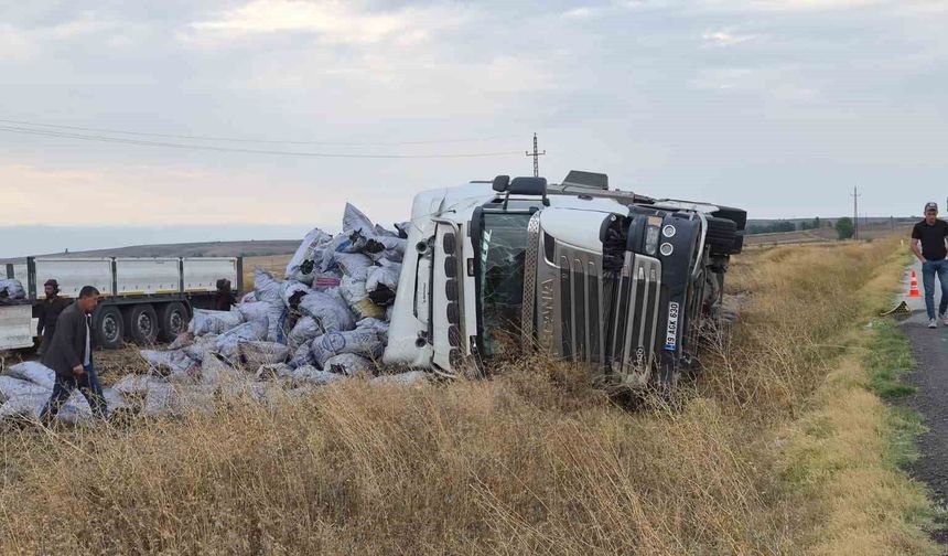 Meşe kömürü yüklü tır devrildi, sürücüsü yaralandı