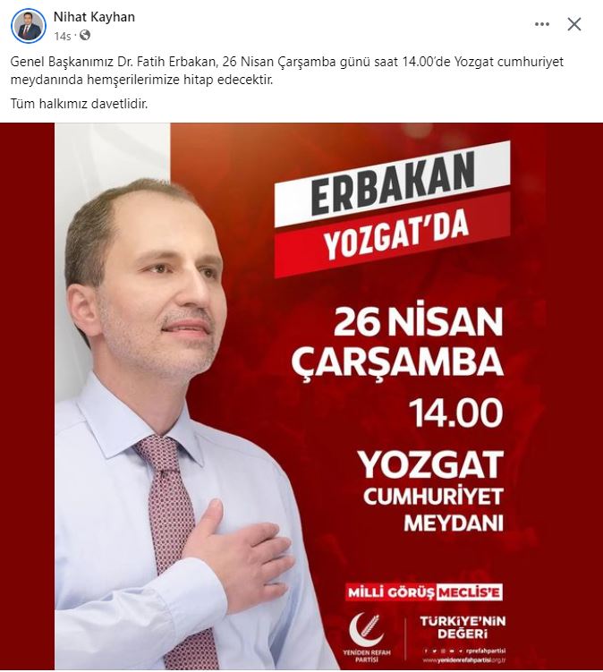 fatih erbakan yozgata geliyor